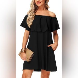 Deerose Women Off The Shoulder Dresses Flounce Cute Casual Dress with Pockets